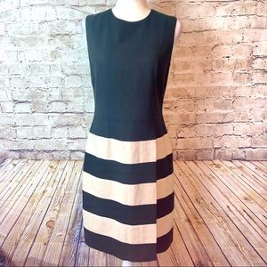 David Meister Black & Tan Striped Linen Dress